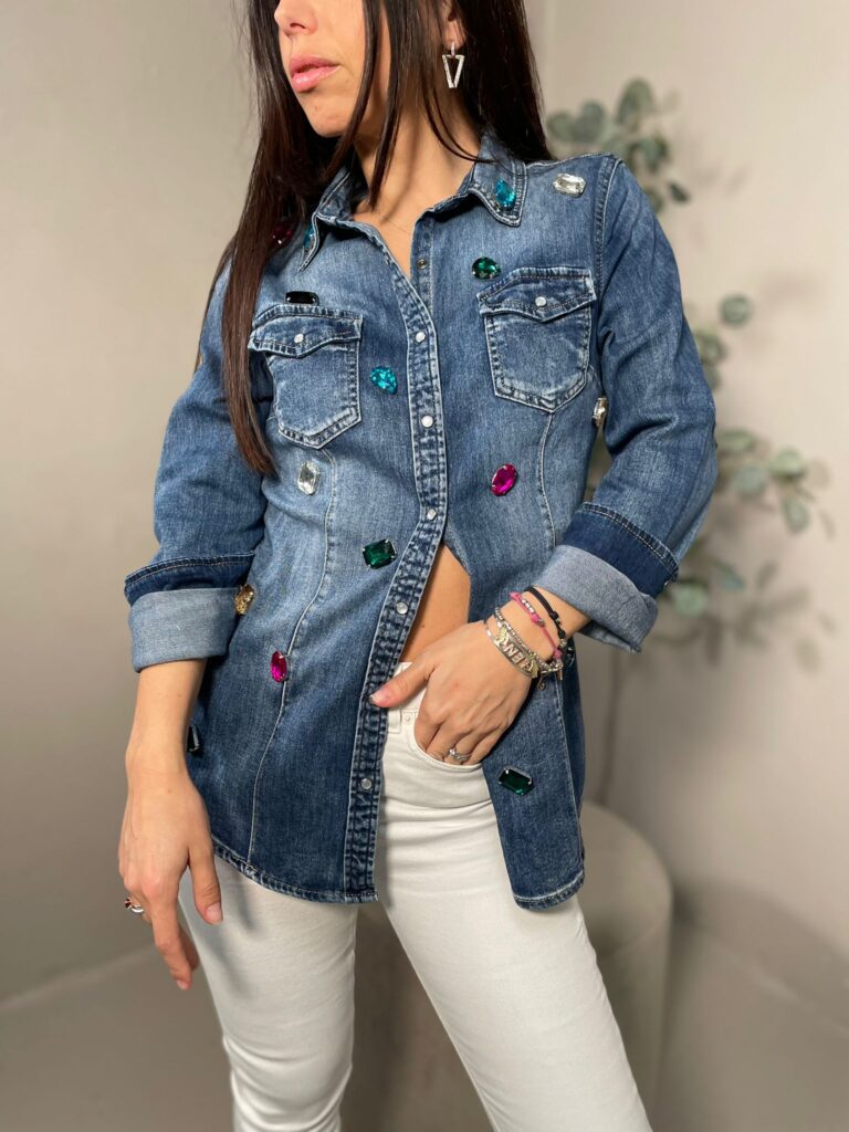 Camicia Jeans Donna con Pietre Colorate